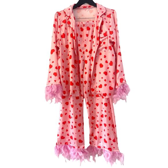 Red heart printed feather pajamas top & pants casual set silk pajamas - Picture 4 of 5